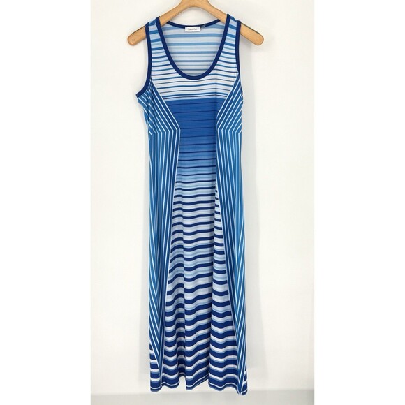 Calvin Klein Maxi Dress Women's Size 12 Large Blue Striped StretchCasual Beach - Picture 1 of 3